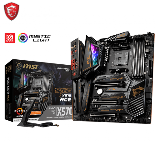 MSI MEG X570 ACE ATX Motherboard: AM4 socket, DDR4 4600MHz RAM x 4, PCIe 4.0 M.2 x 3, SATA x 6, PCIe 4.0 x16 x 3, USB 3.1 Type C, 3-year warranty.