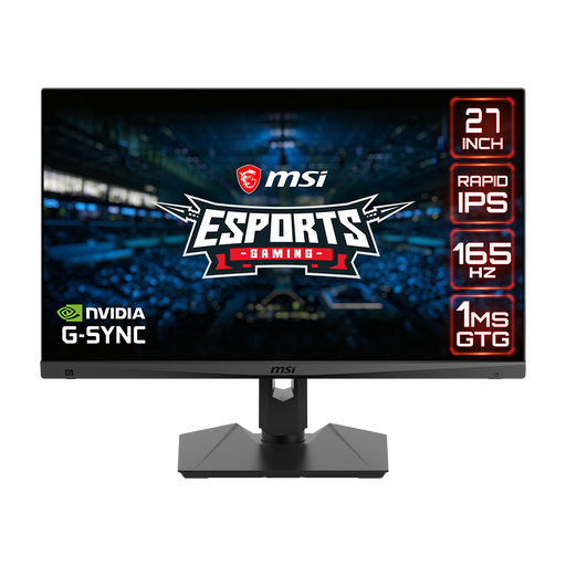 msi esports-gaming 27 inch monitor with 2560x1440, Rapid-IPS, 165Hz, 1ms GTG, 300nits, NVIDIA G-Sync compatible, power button.