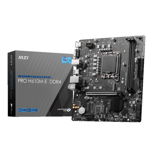 MSI PRO H610M-E DDR4 motherboard with its packaging box displayed on a black background.