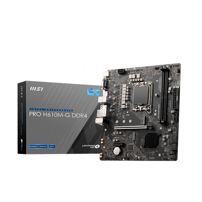MSI PRO H610M-G DDR4 (MATX): LGA1700, MATX, RAM x 2, M.2 x 1, PCIEx16 x 1, 3-year warranty.