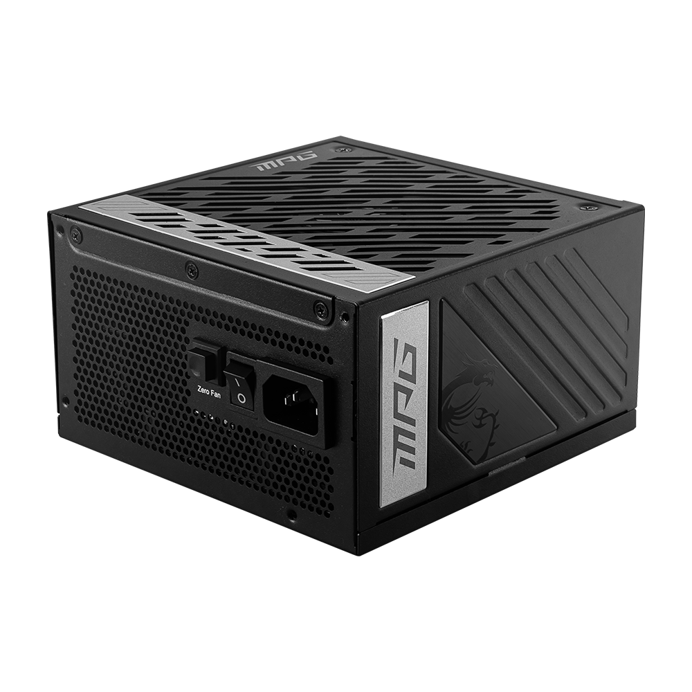 MPG A1000G Pcie5 80 Plus Gold Power Supply Unit For A Computer With Visible Brand Logo On The Top And Various Connectors On The Side.