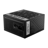 MPG A1000G Pcie5 80 Plus Gold Power Supply Unit For A Computer With Visible Brand Logo On The Top And Various Connectors On The Side.