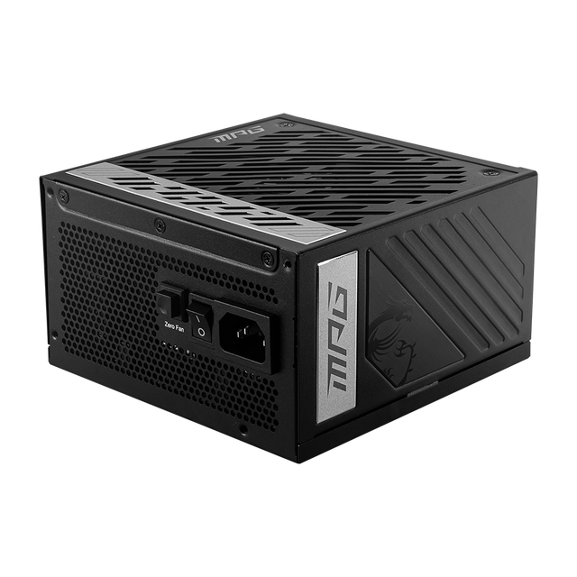 MPG A1000G Pcie5 80 Plus Gold Power Supply Unit For A Computer With Visible Brand Logo On The Top And Various Connectors On The Side.