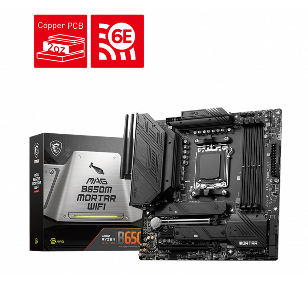 MSI MAG B650M MORTAR WiFi (mATX): AM5, DDR5 x 4, M.2 x 2, PCIe x16 x 2, RGB x 2, ARGB x 2, 3Y warranty.