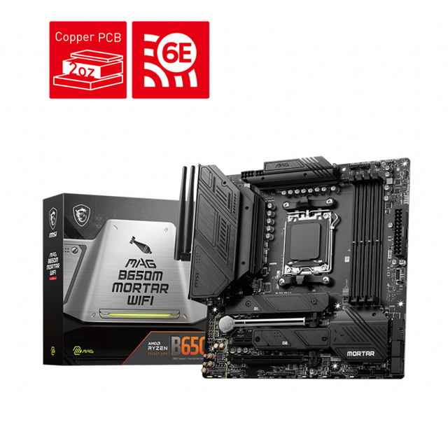 MSI MAG B650M MORTAR WiFi (mATX): AM5, DDR5 x 4, M.2 x 2, PCIe x16 x 2, RGB x 2, ARGB x 2, 3Y warranty.