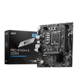 MSI PRO B760M-E DDR4 (MATX) motherboard with its packaging box displayed on a black background.