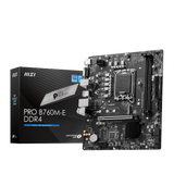 MSI PRO B760M-E DDR4 (MATX) motherboard with its packaging box displayed on a black background.