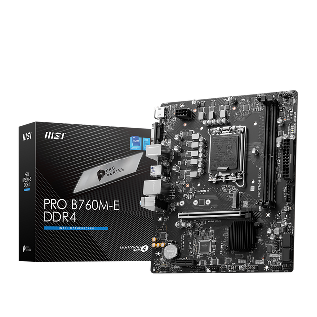 MSI PRO B760M-E DDR4 (MATX) motherboard with its packaging box displayed on a black background.