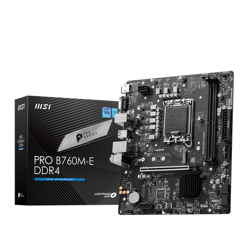 MSI PRO B760M-E DDR4 (MATX) motherboard with its packaging box displayed on a black background.
