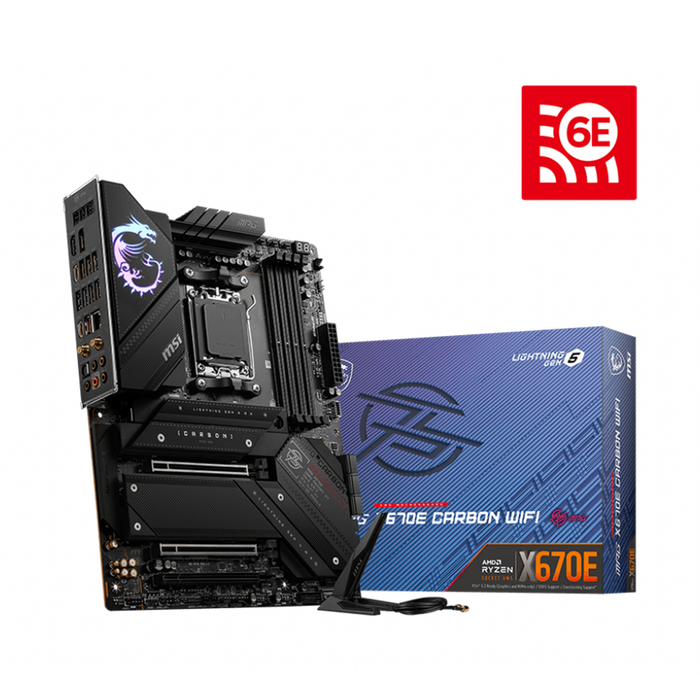 MSI MPG X670E CARBON WIFI ATX motherboard supports AMD Ryzen™ processors, DDR5 memory, PCIe 5.0, M.2 storage, ARGB lighting, and includes 3-year warranty.